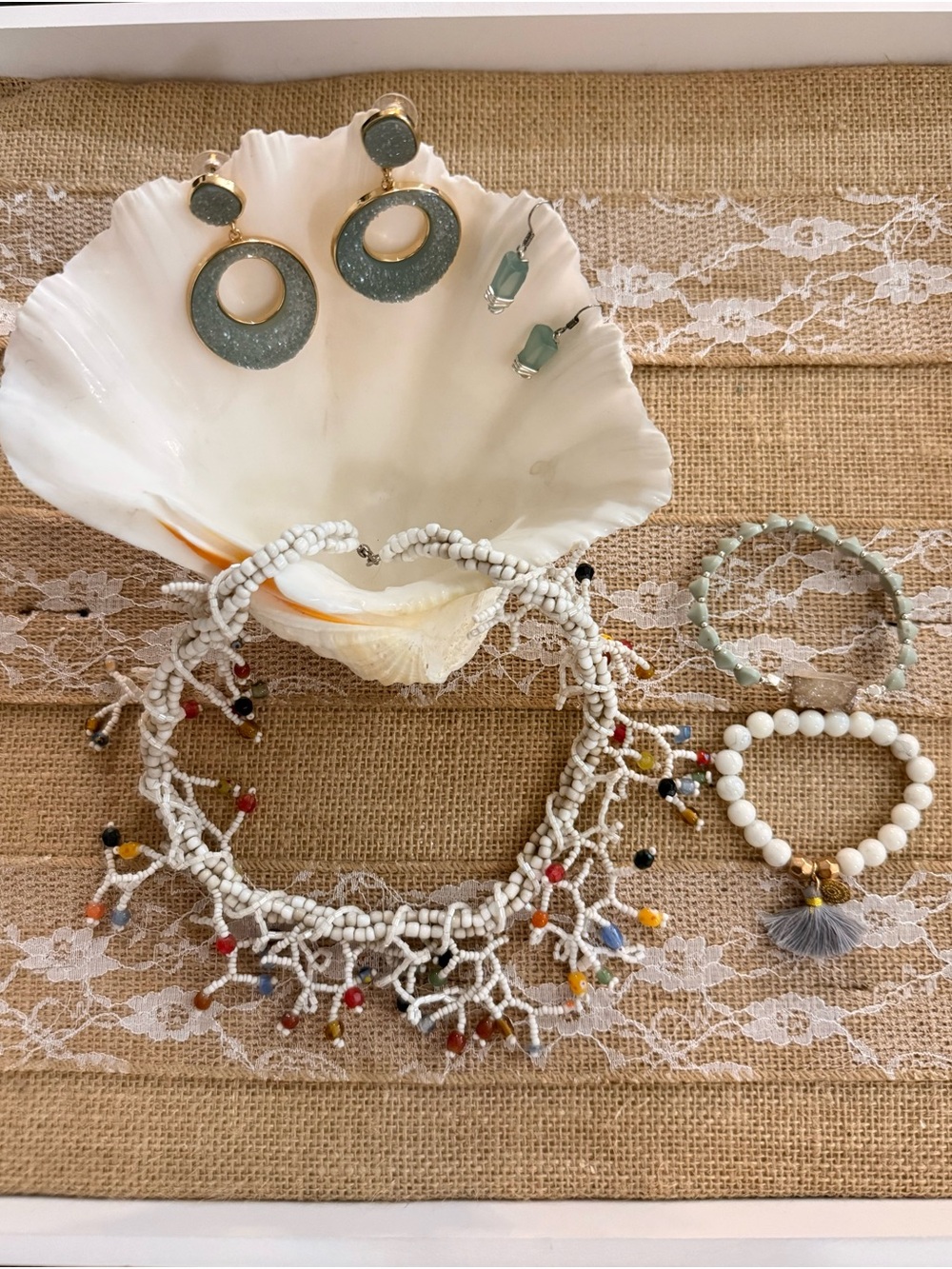 Handcrafted White Necklace with Multicolor beads, 2 par of earrings 2 bracelets